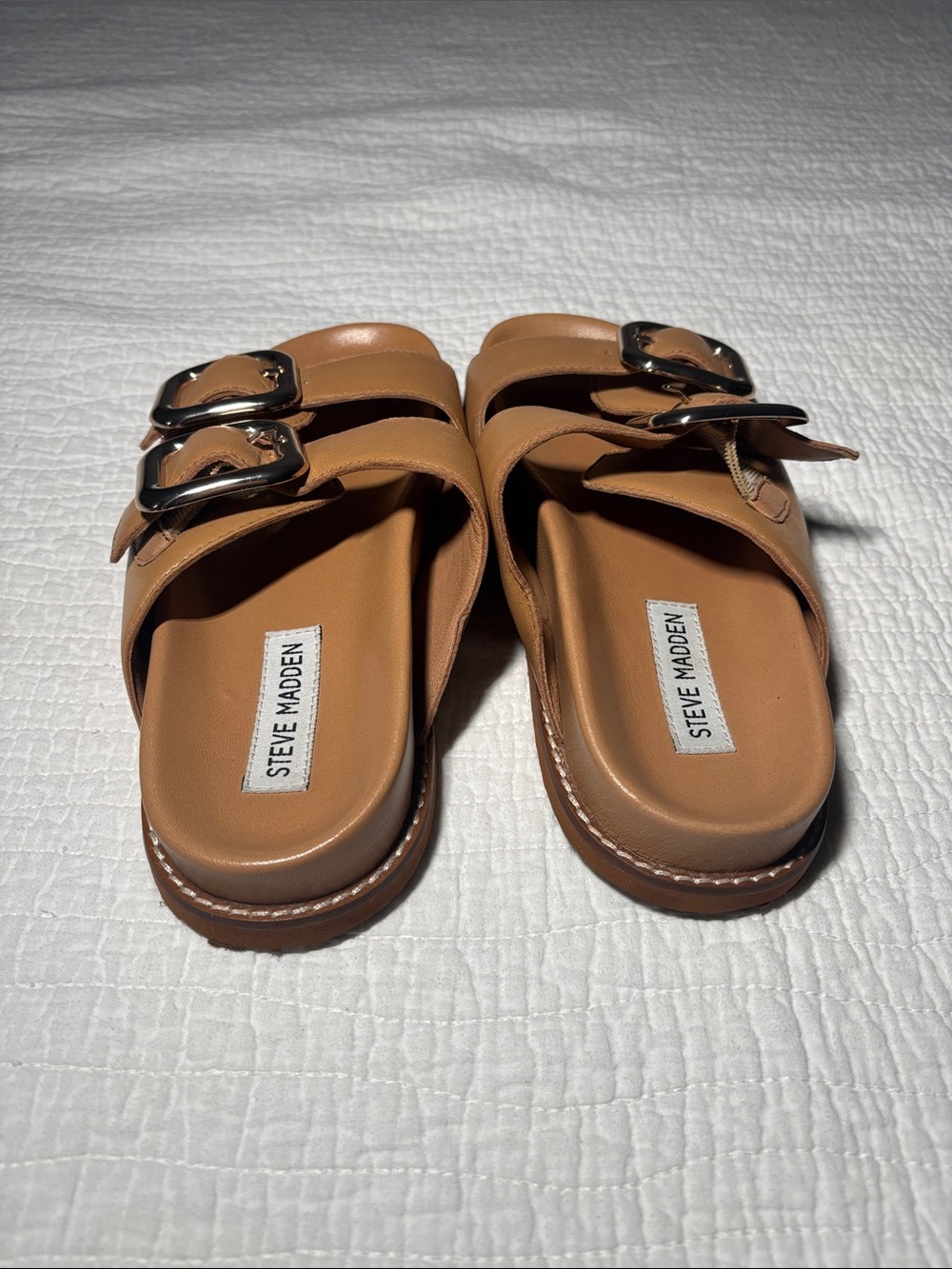 Steve Madden Cognac Double-Buckle Slide Sandals - Picture 3 of 9